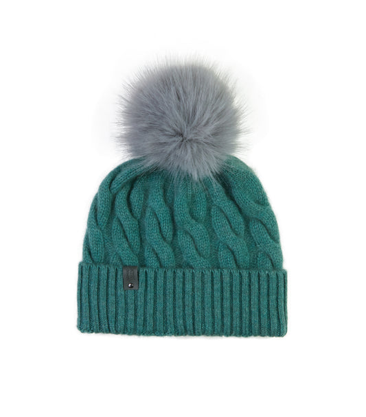 100% Cashmere Chunky Cable Pom Pom Teal Hat