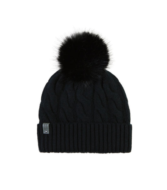 100% Cashmere Chunky Cable Pom Pom Black Hat