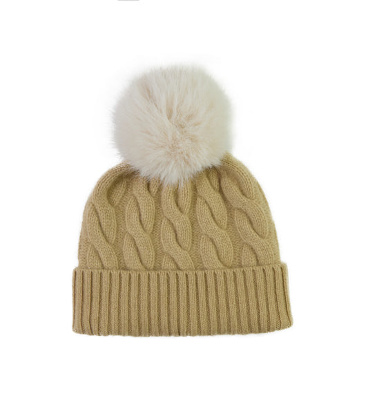 100% Cashmere Chunky Cable Pom Pom Camel Hat