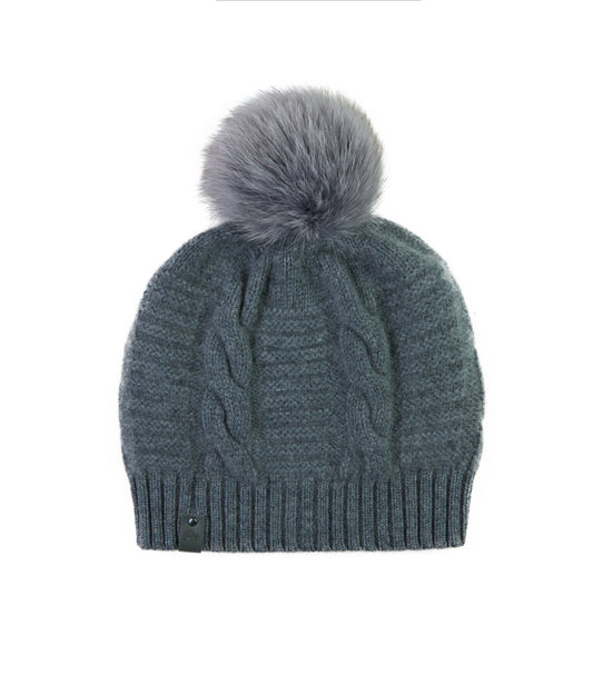 100% Cashmere Chunky Cable Pom Pom Hat