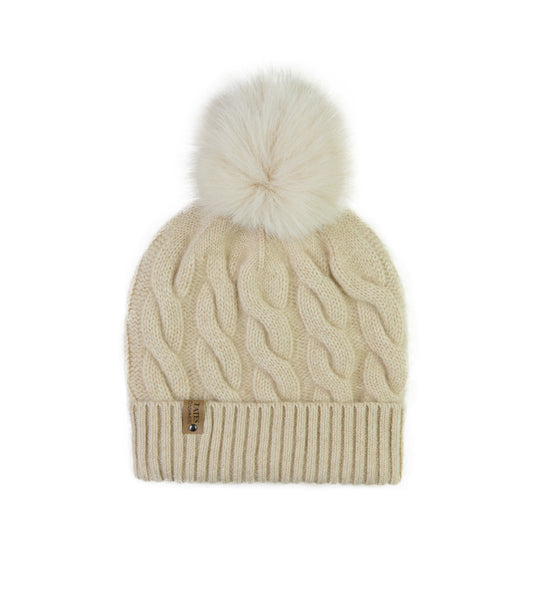 100% Cashmere Chunky Cable Pom Pom Hat