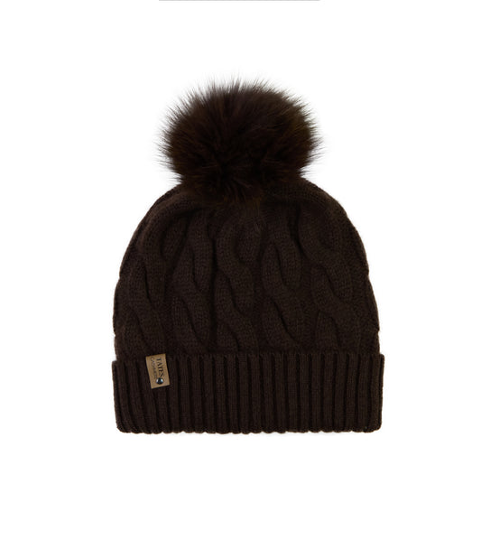 100% Cashmere Chunky Cable Pom Pom Brown Hat