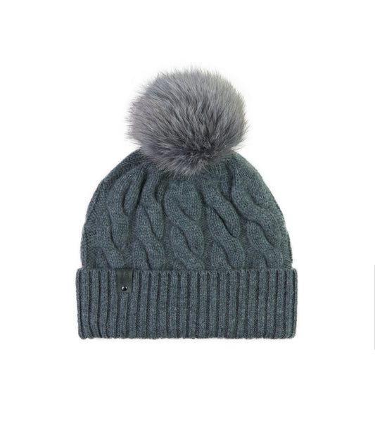 100% Cashmere Chunky Cable Pom Pom Grey Hat