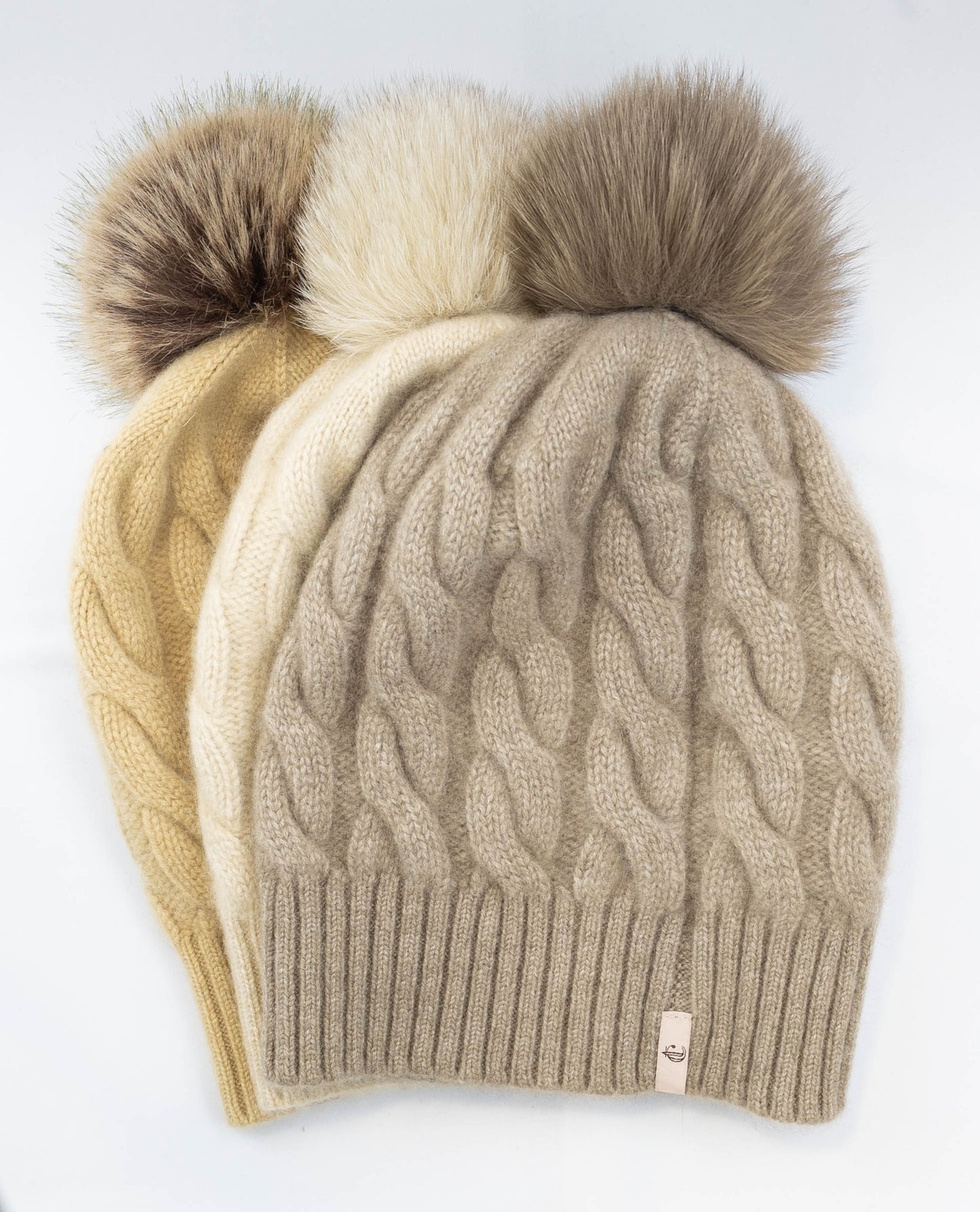 100% Cashmere Taupe Chunky Cable Pom Pom Hat