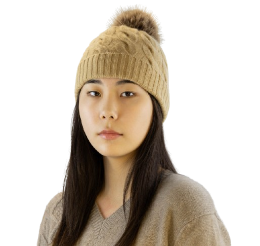 100% Cashmere Camel Chunky Cable Pom Pom Hat