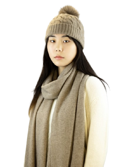 100% Cashmere Taupe Chunky Cable Pom Pom Hat