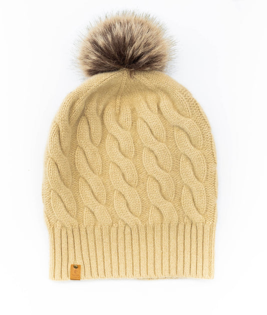 100% Cashmere Camel Chunky Cable Pom Pom Hat