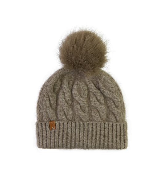 100% Cashmere Taupe Chunky Cable Pom Pom Hat