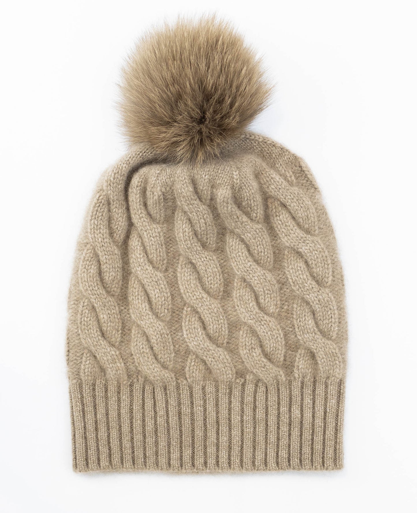 100% Cashmere Taupe Chunky Cable Pom Pom Hat