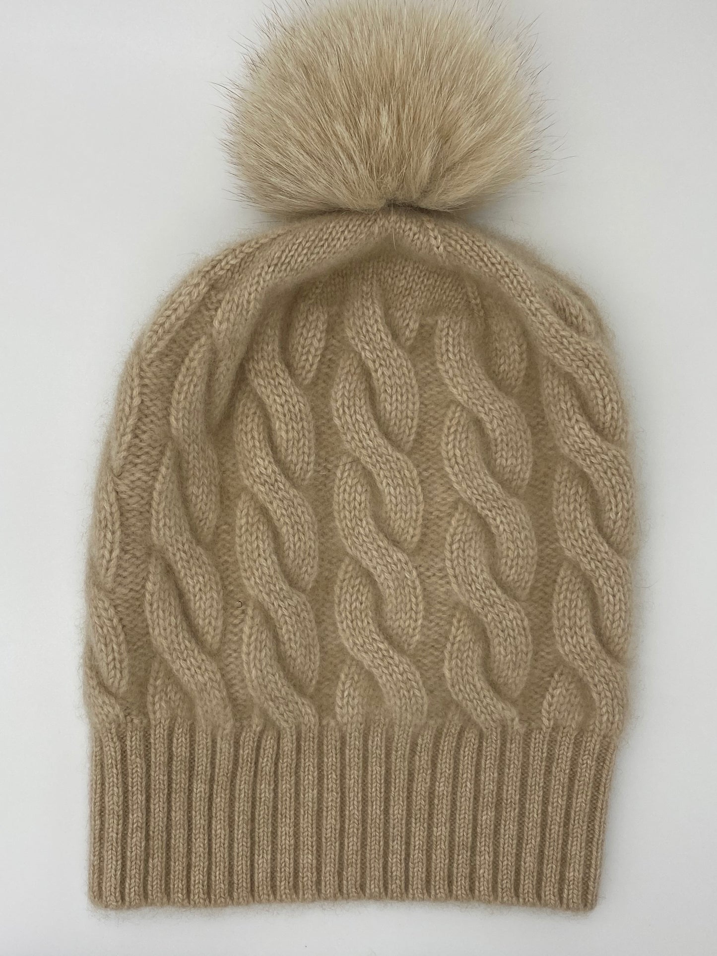 100% Cashmere Chunky Cable Pom Pom Hat